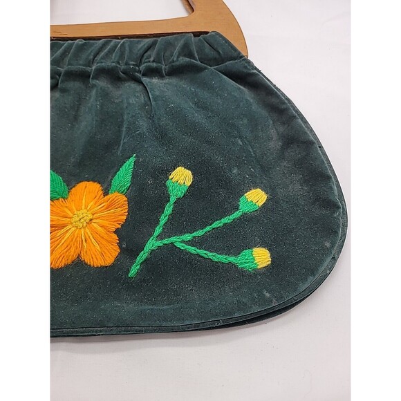 Vintage Holiday Fair Green Canvas Bag Purse Floral Embroidery Wood Handles - Picture 7 of 16